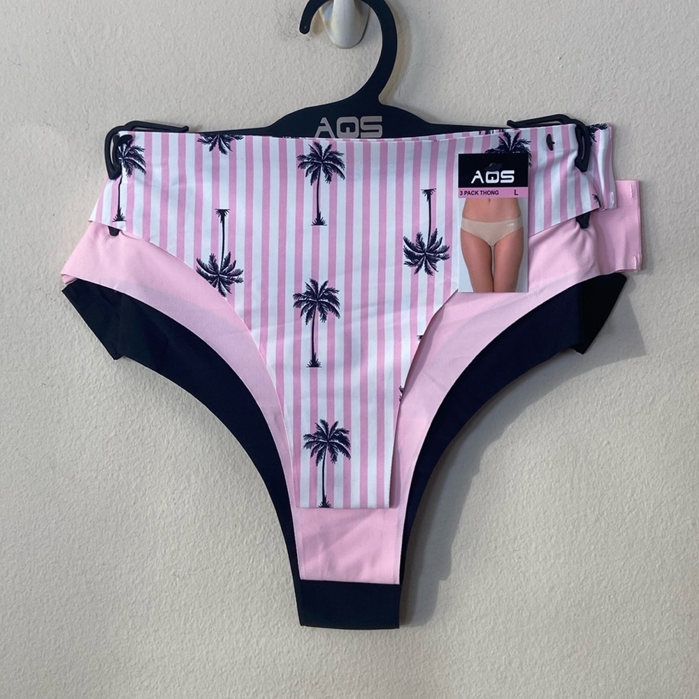 New 3 Pack AQS Thongs Pink Black Tropical Palm Dress Seamless Nylon Large
